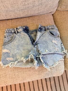 Light Blue Distressed Denim Shorts - Women